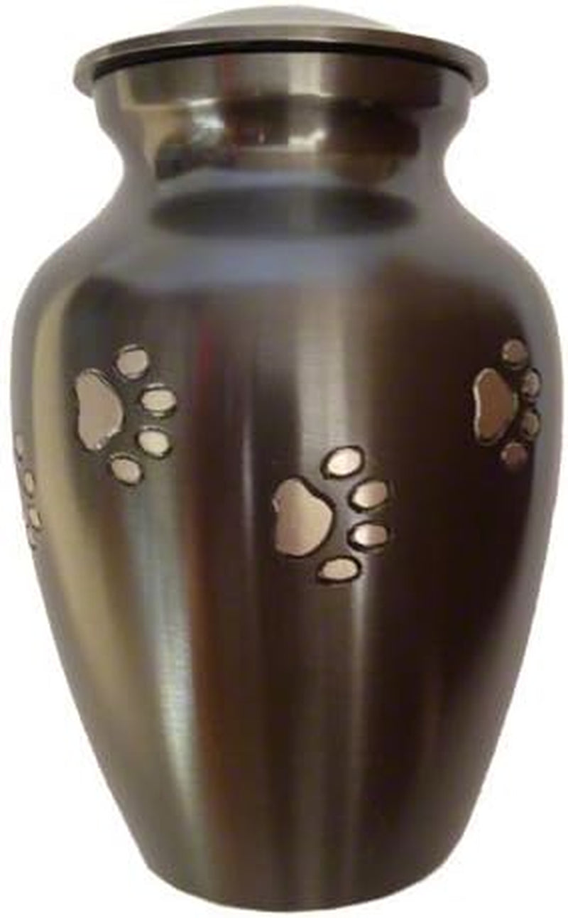 Ottillie Paws Legacy Series Pet Urn for Dogs and Cats, Handmade Brass Memorial Cremation Urn (Small - Pets up to 25 Lbs, Pewter, Vertical Brass Paws)