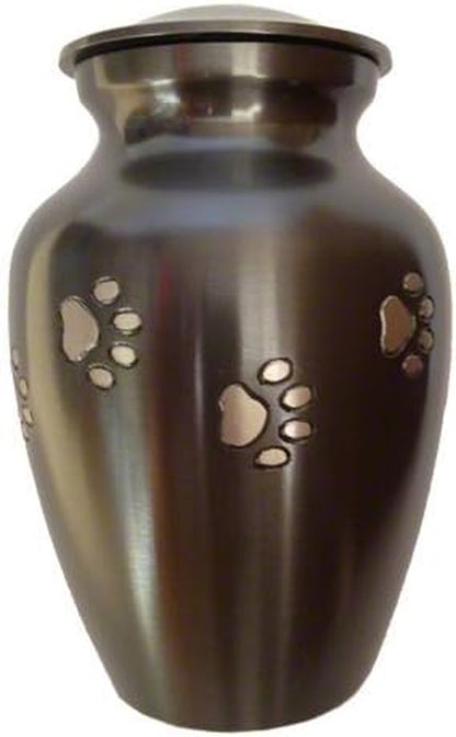 Ottillie Paws Legacy Series Pet Urn for Dogs and Cats, Handmade Brass Memorial Cremation Urn (Small - Pets up to 25 Lbs, Pewter, Vertical Brass Paws)