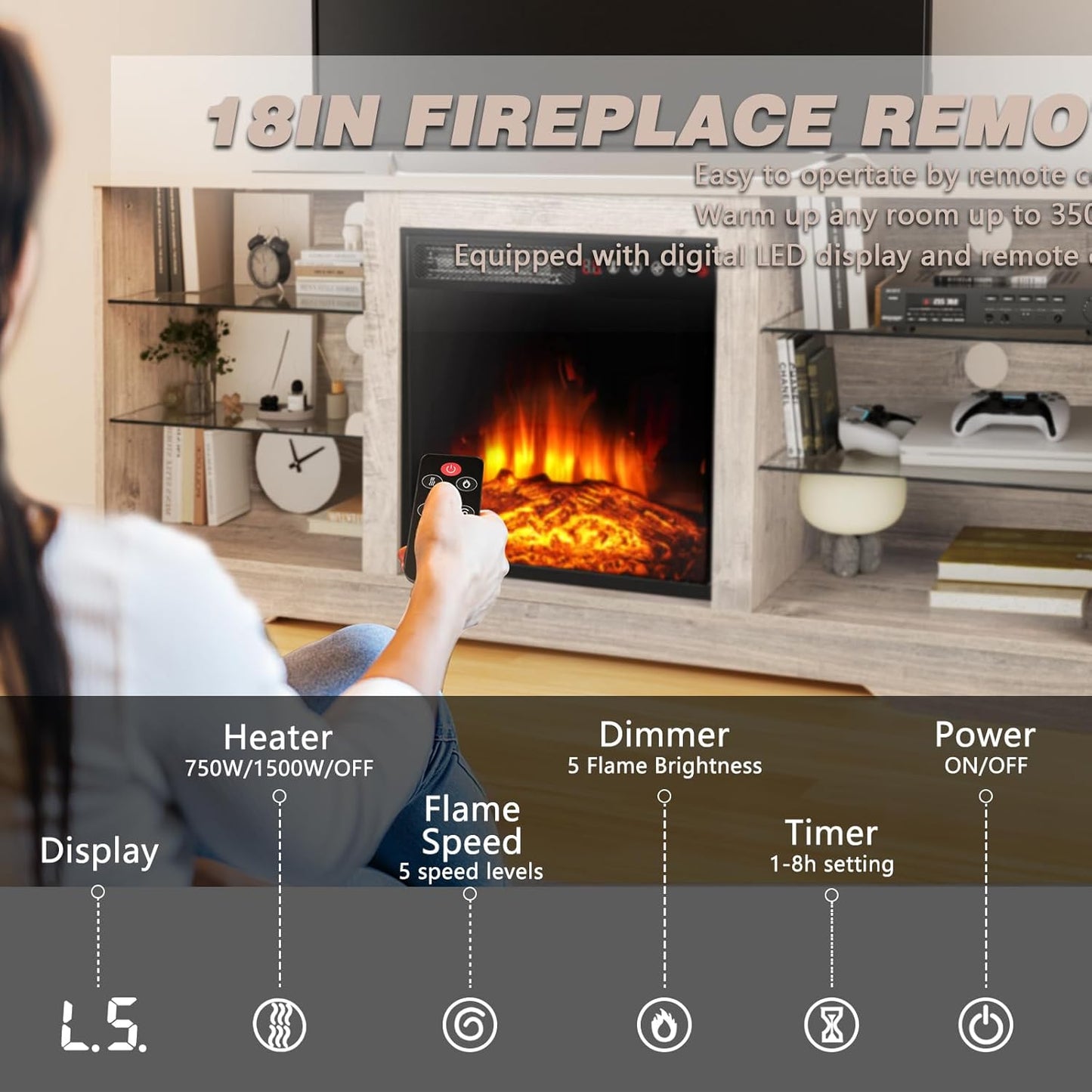 LEMBERI Fireplace TV Stand for up to 65 Inches Tvs, LED Modern Entertainment Center with Built-In Electric Fireplace Heater & Adjustable Glass Shelves, Media Console for Living Room, Grey