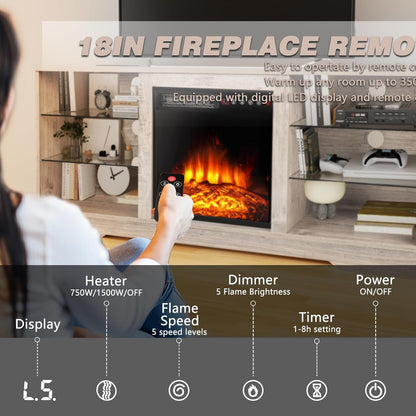 LEMBERI Fireplace TV Stand for up to 65 Inches Tvs, LED Modern Entertainment Center with Built-In Electric Fireplace Heater & Adjustable Glass Shelves, Media Console for Living Room, Grey