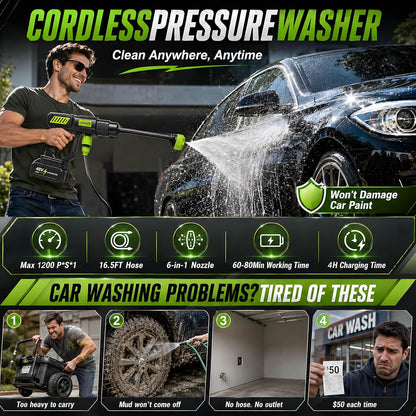 6-In-1 Portable Cordless Pressure Washer Battery Powered, 1300 PSI Cordless Power Washer Portable with 2 X 4.0Ah Batteries, Handheld Pressure Washer for Car and Garden Cleaning - 1PCS