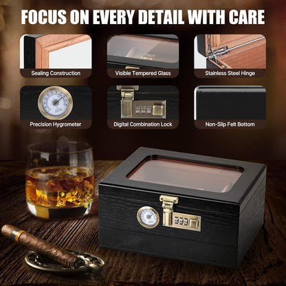 Cigar Humidor, Cedar Wood Humidor Cigar Box, Glass Top Desktop Humidor with Front Hygrometer, Humidifier, Divider, Accessories Drawer and Combination Lock, Cigar Gifts for Men (Black)