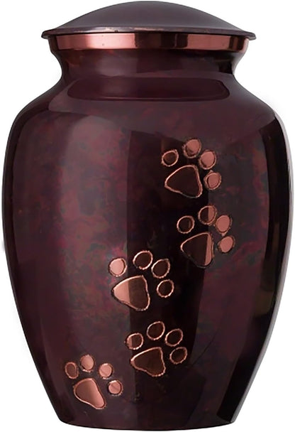 Ottillie Paws Legacy Series Pet Urn for Dogs and Cats, Handmade Brass Memorial Cremation Urn (Small - Pets up to 25 Lbs, Pewter, Vertical Brass Paws)