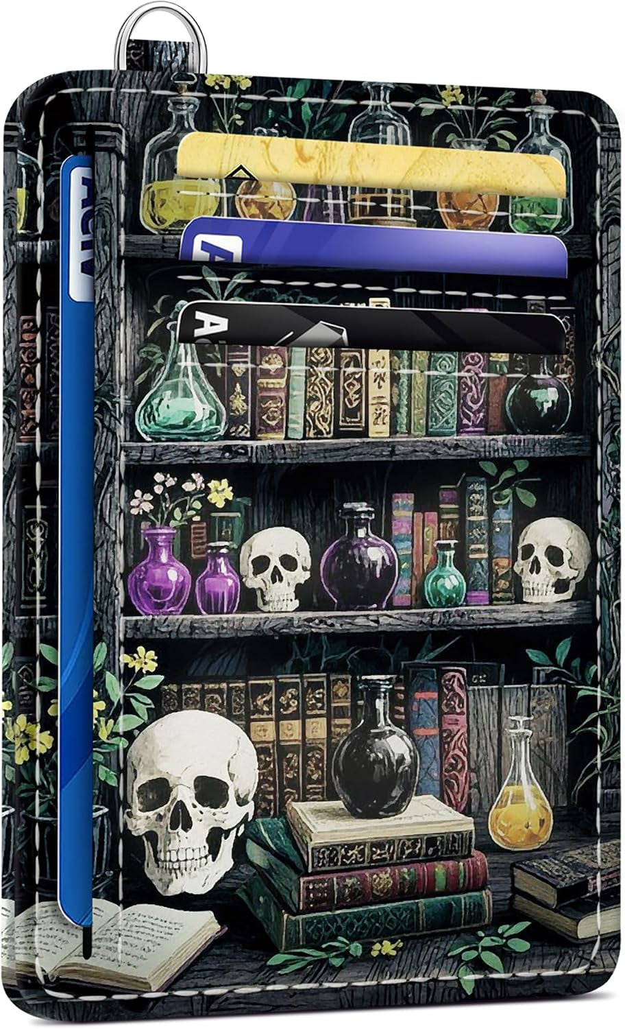 Viral Vault Goth Bookshelf Card Holder — Slim RFID Wallet with ID Window & D-Ring