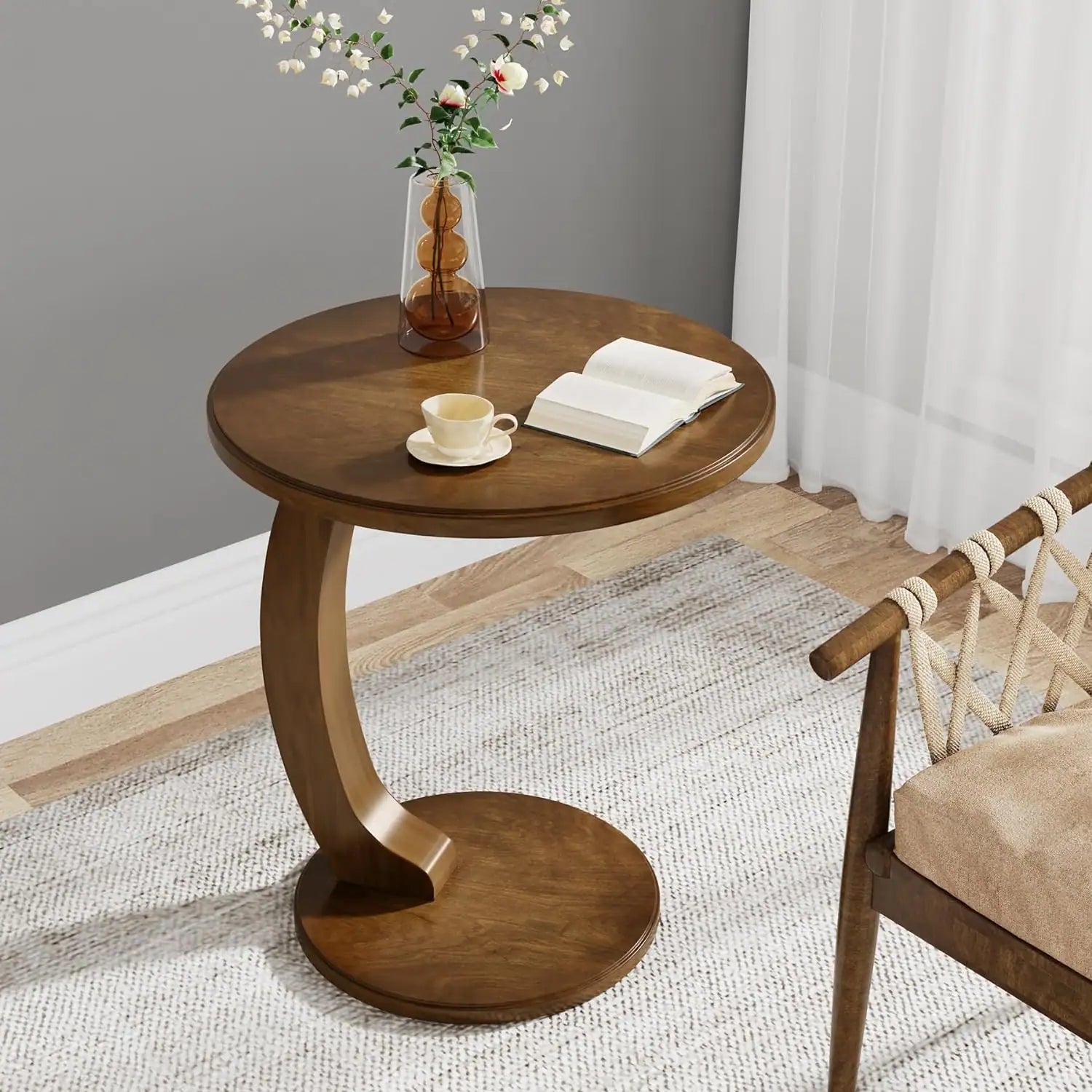 Solid Wood round End Table Mid Century C-Shaped Side Table for Living Room & Bedroom