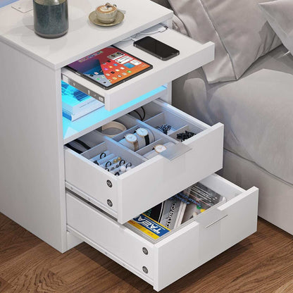 2 Drawers LED Nightstand Wireless Charging Station Pull-Out Shelf