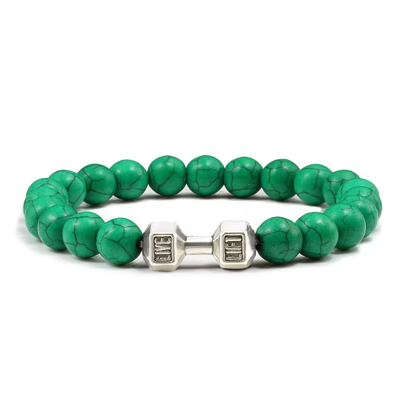 ForgeFit™ Volcanic Stone Fitness Bracelet / Natural Volcanic Stone Bracelet Men Matte Black Lave White Beads Charm Dumbbell Strand Bracelets Women Barbell Fitness Jewelry