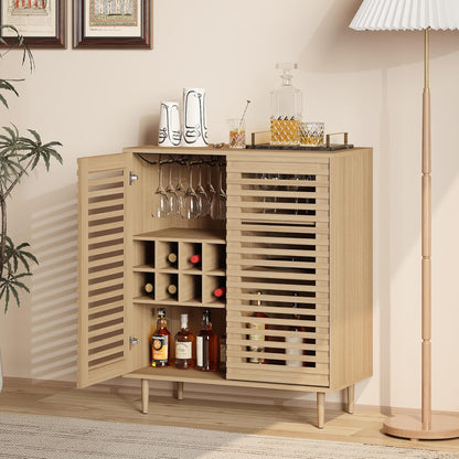 ZOSQUARE Mid Century Bar Cabinet with Wine Racks, Modern Liquor Cabinet with Slatted Doors for Dining Room, Living Room (Natural Color)