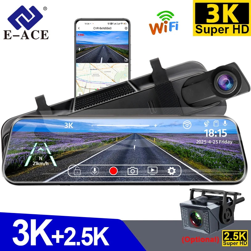 E-ACE 3K+2.5K DVR Mirror for 10"Dash Cam Recorder Optional Rear Camera Night Vision Hisllicon Chip GPS WIFI 24H Parking Monitor