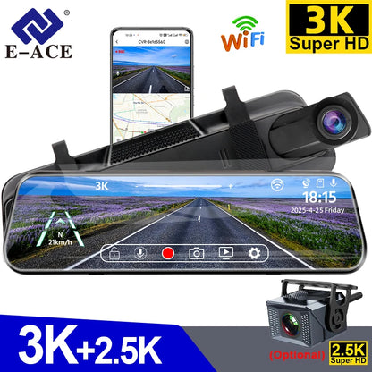 E-ACE 3K+2.5K DVR Mirror for 10"Dash Cam Recorder Optional Rear Camera Night Vision Hisllicon Chip GPS WIFI 24H Parking Monitor