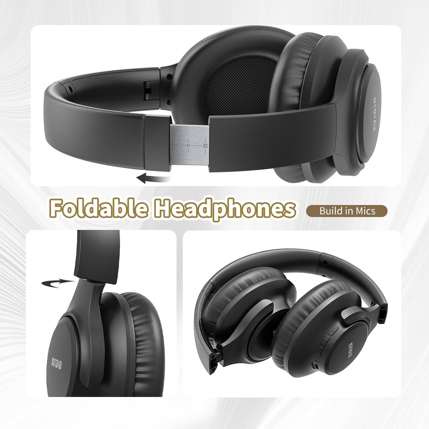 KVIDIO Bluetooth Headphones over Ear, 65 Hours Playtime Wireless Headphones with Microphone, Foldable Lightweight Headset with Deep Bass, Hifi Stereo Sound Low Latency for Travel Work Cellphone