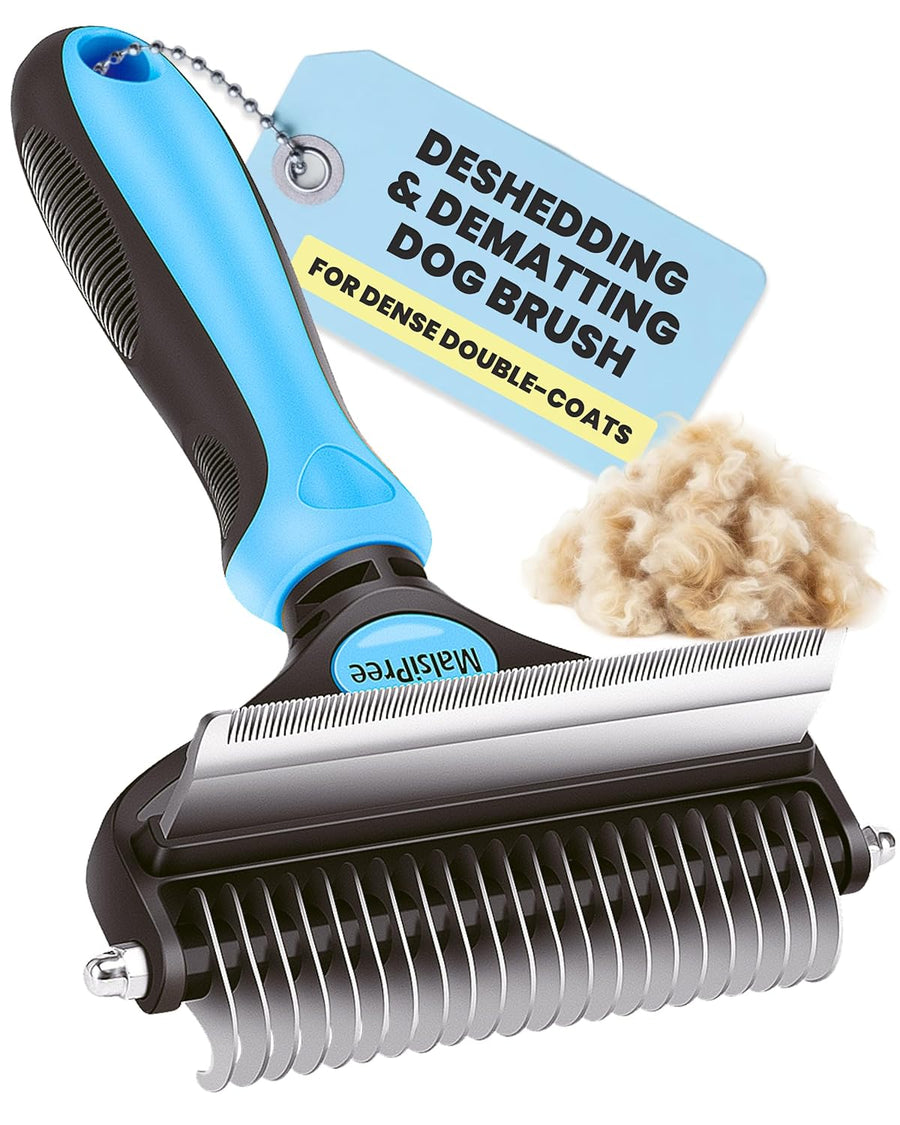Malsipree Dog Brush for Shedding - Large, Blue, 2-In-1 - Deshedding Dog Grooming Brush & Undercoat Rake with Dematting Comb for Medium to Large Double Coated