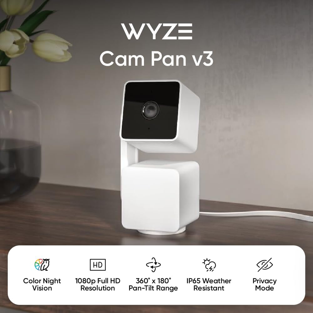 WYZE Cam Pan V3, Indoor/Outdoor Ip65-Rated 1080P Pan/Tilt/Zoom Wi-Fi Smart Home Security Camera with Color Night Vision, 2-Way Audio, Compatible with Alexa & Google Assistant, Free Expert Setup