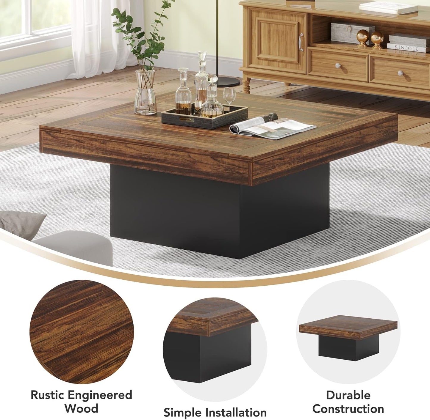 Tribesigns Coffee Table Square LED Coffee Table Engineered Wood Low Center Cocktail Tables for Living Room (Rustic Brown+Black)