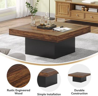 Tribesigns Coffee Table Square LED Coffee Table Engineered Wood Low Center Cocktail Tables for Living Room (Rustic Brown+Black)