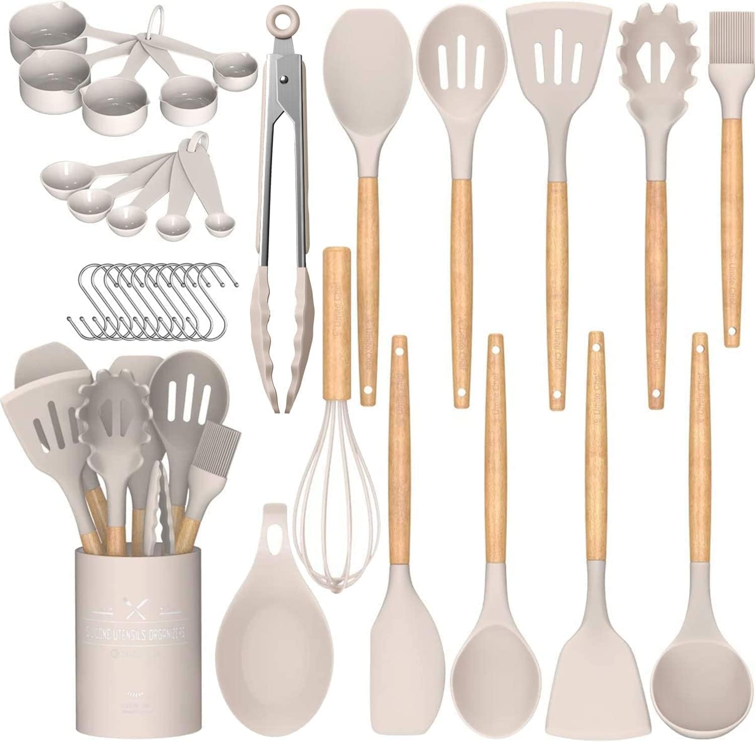 Umite Chef Kitchen Cooking Utensils Set, 33 Pcs Non-Stick Silicone Cooking Kitchen Utensils Spatula Set with Holder, Wooden Handle Silicone Kitchen Gadgets Utensil Set (Khaki)