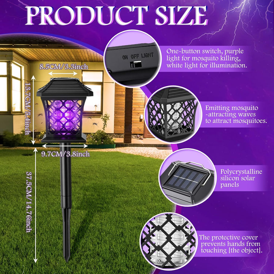 2 Pack Solar Bug Zapper with 365Nm UV Light, 2 Light Modes & 4 Installation Ways, Outdoor Mosquito Zapper for Lawn for Indoor Outdoor Use Garden & Camping Patio(Classic)