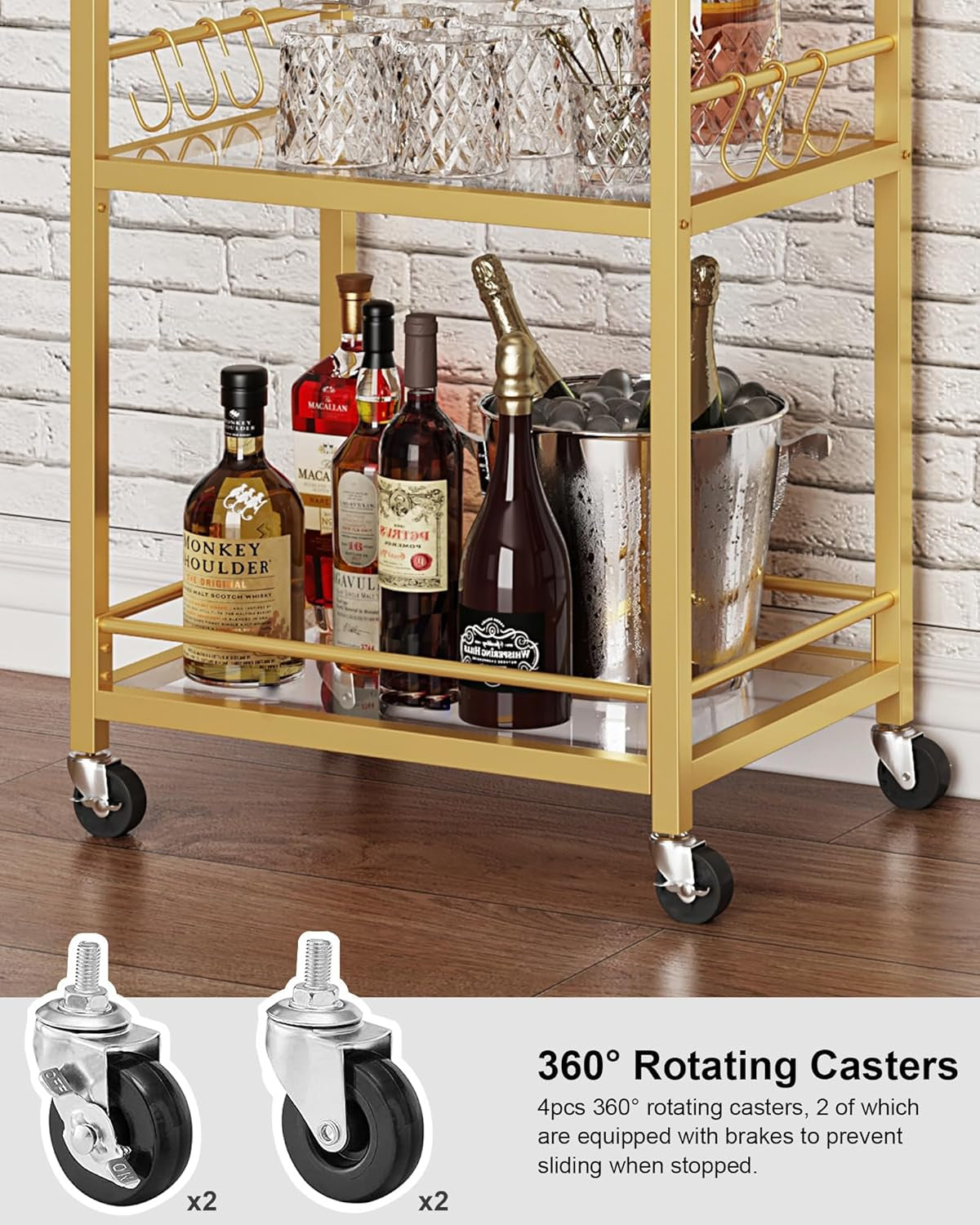 TUTOTAK Bar Cart, Home Bar Serving Cart with 3-Tier Mirrored Shelf, Wine Cart, Mobile Kitchen Shelf, Gold BC01BB034