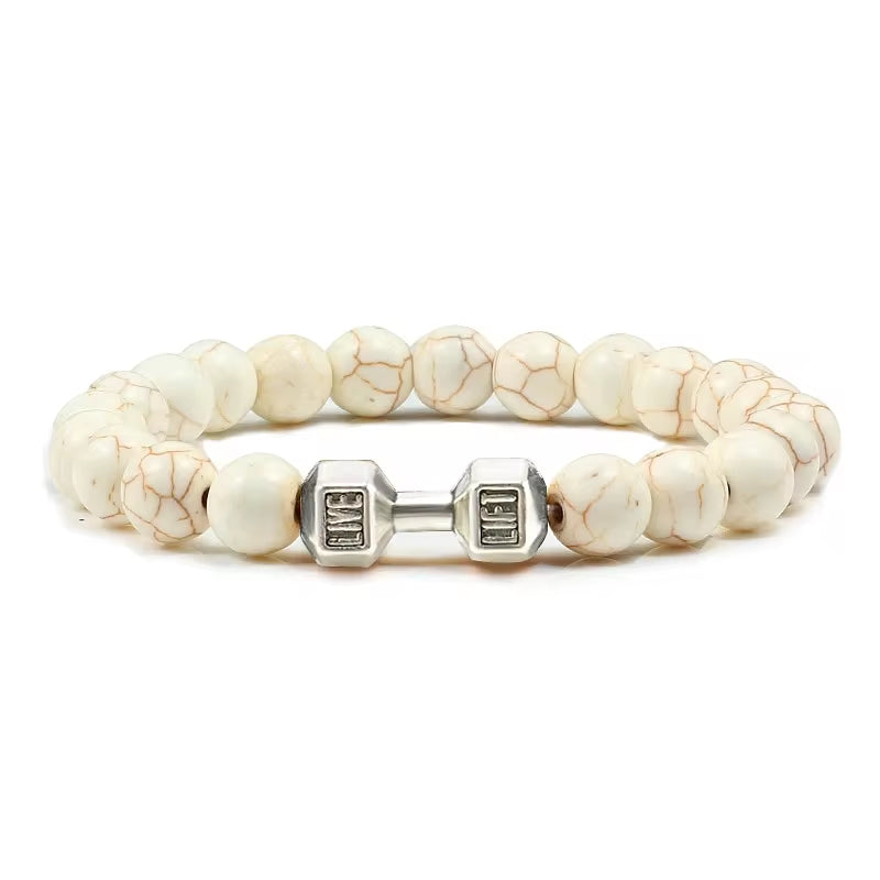 ForgeFit™ Volcanic Stone Fitness Bracelet / Natural Volcanic Stone Bracelet Men Matte Black Lave White Beads Charm Dumbbell Strand Bracelets Women Barbell Fitness Jewelry