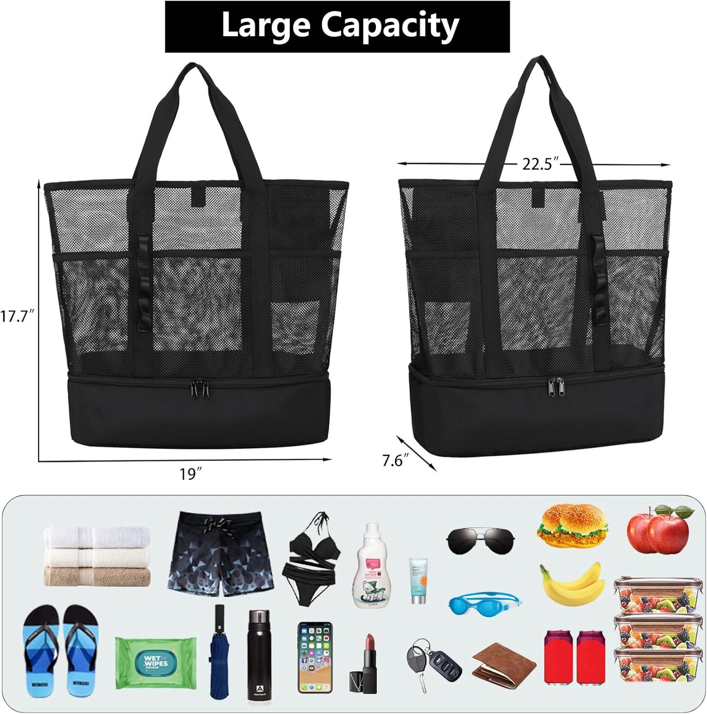 Beach Bag with Cooler,Mesh Beach Bags for Women Sandproof for Pool and Swimming Travel Daily with Durable 8 Pocket