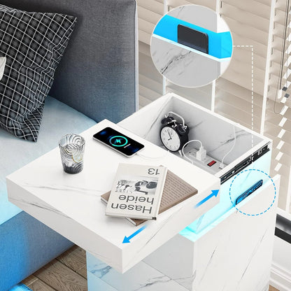 Bedroom Nightstand Charging Station LED Lights Sliding Top Drawers