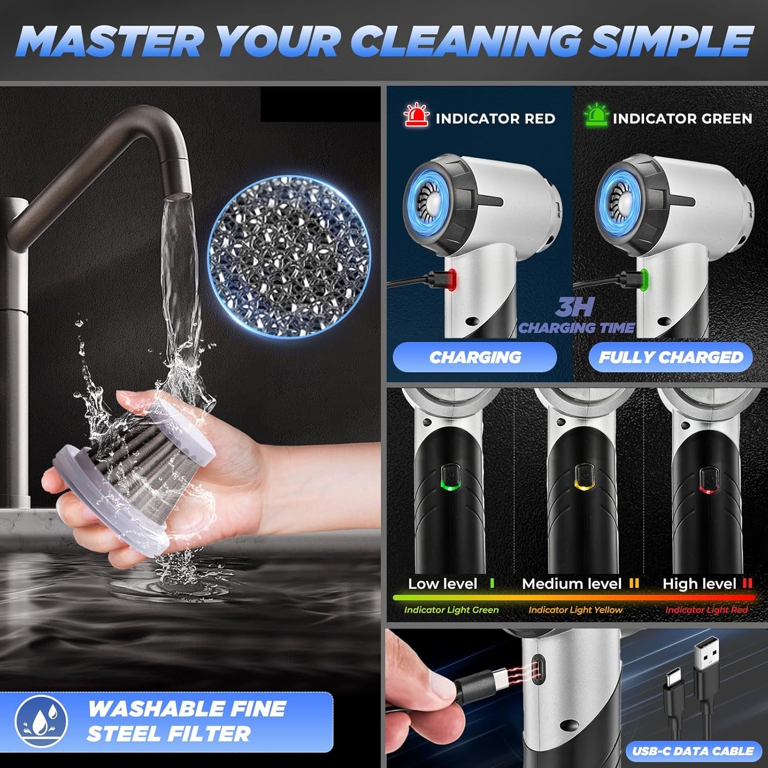 Handheld Car Vacuum Portable Cordless17000Pa Mini Vacuums Rechargeable Foldable Vacuum Cleaner with Brushless Motor for Gifts Home,Office Pet HL132 Black