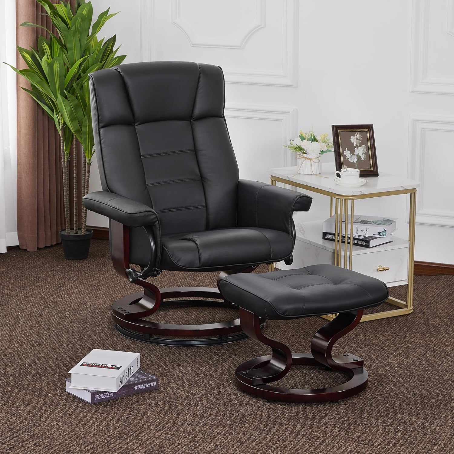 Mcombo Manual Swivel Recliner with Ottoman, Chair Ottoman Set for RV Small Spaces, Living Room, Bedroom, Office 9019 4919 (Faux Leather, Black)