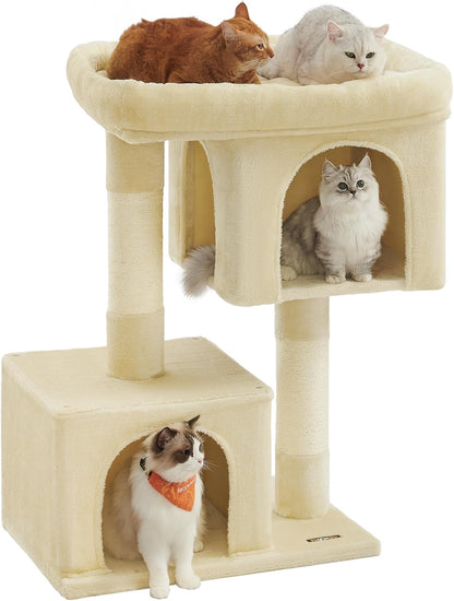 Feandrea Cat Tree, 33.1-Inch Cat Tower, Plush Condo for Large Cats up to 16 Lb, Large Perch, 2 Caves, Scratching Post, Light Gray UPCT61W