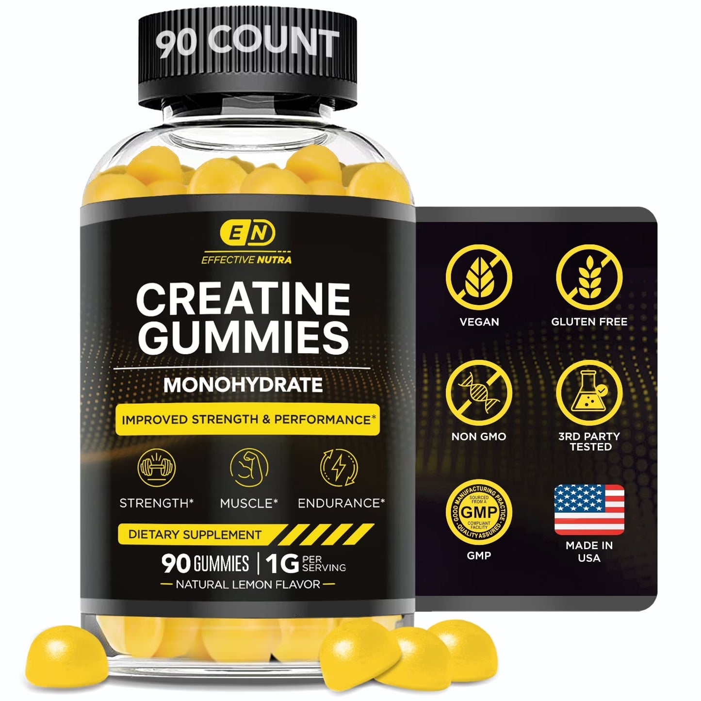 Effective Nutra Creatine Gummies for Men & Women - Creatine Monohydrate Gummies for Strength, Muscle, Energy - Natural Lemon Flavor (90Ct)