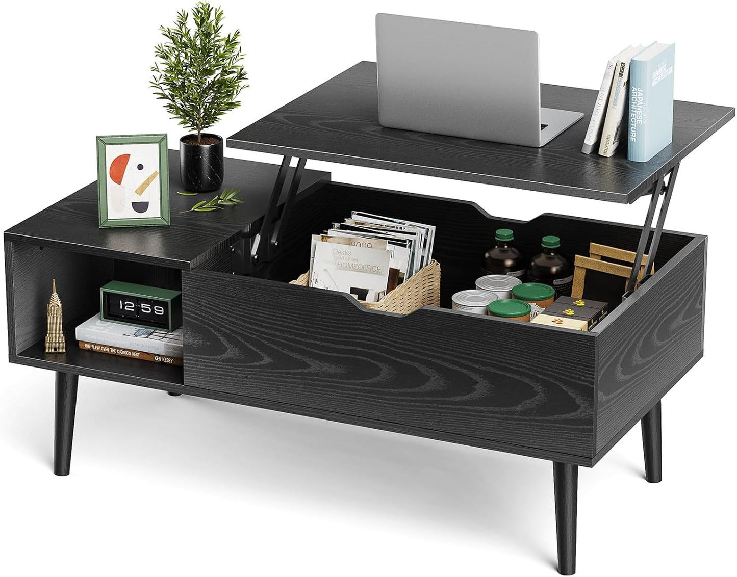 OLIXIS Wood Lift Top Coffee Table with Hidden Compartment and Large Storage Shelf, Lift Tabletop Dining Center Table for Home Living Room Office, Black