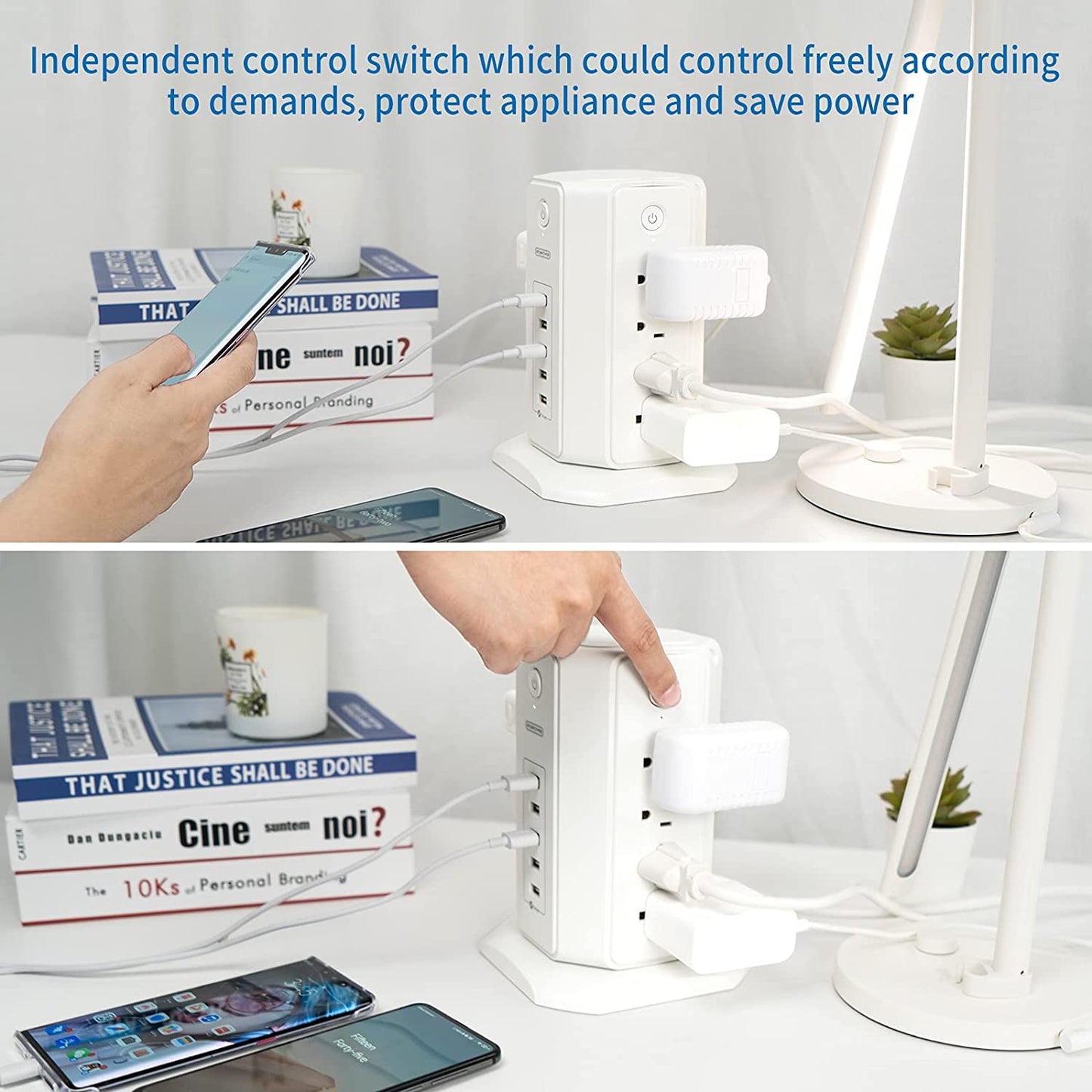 Power Strip Tower Surge Protector, NTONPOWER 8 Outlet 5 USB Desktop Charging Station 1625W 13A, 6Ft Extension Cord Flat Plug, Individual Switches, 1080 Joules, Overload Protection for Home Office