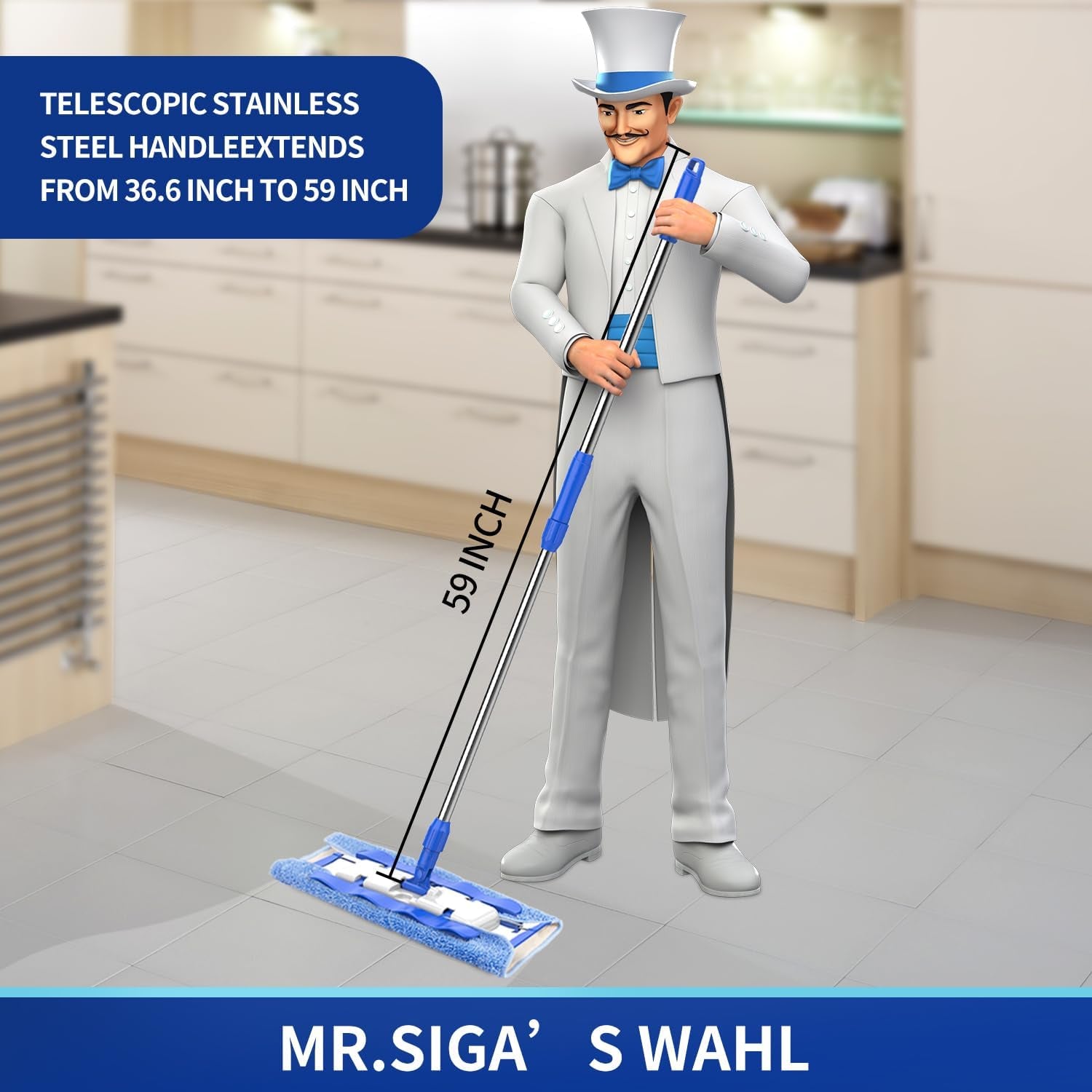 MR.SIGA Professional Microfiber Mop for Hardwood, Laminate, Tile Floor Cleaning, Stainless Steel Telescopic Handle - 3 Reusable Flat Mop Refills and 1 Dirt Removal Scrubber Included