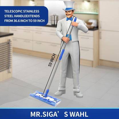 MR.SIGA Professional Microfiber Mop for Hardwood, Laminate, Tile Floor Cleaning, Stainless Steel Telescopic Handle - 3 Reusable Flat Mop Refills and 1 Dirt Removal Scrubber Included