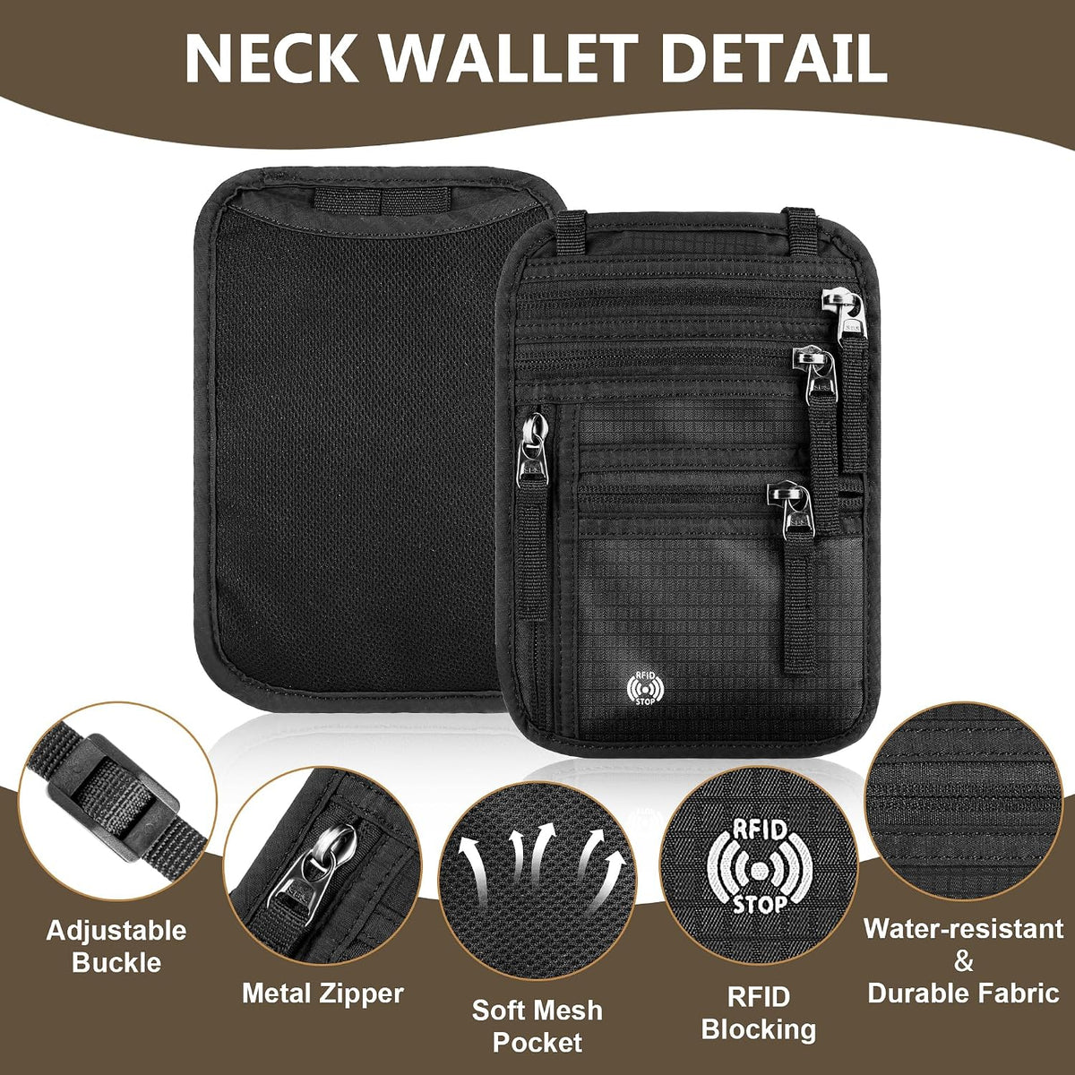 RFID-Blocking Travel Neck Wallet – Passport Holder with 5 Compartments