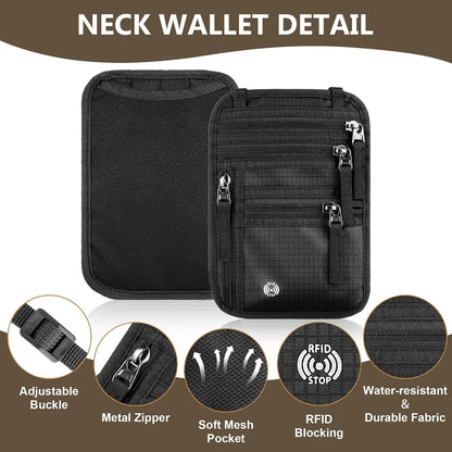 RFID-Blocking Travel Neck Wallet – Passport Holder with 5 Compartments