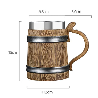 Viking Wood Style Beer Mug 3D Resin Stainless Steel Coffee Cup Wine Glass Metal Double Wall Mug Beer Jug Cup Thermal