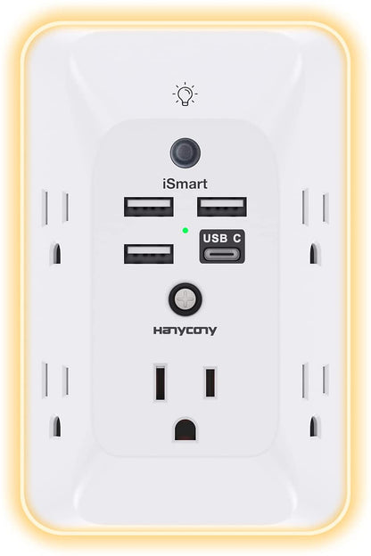 Outlet Extender with Night Light, HANYCONY Multi Plug Outlet, USB Wall Charger Surge Protector 4 USB Ports(1 USB C), Power Strip Electrical Outlet Splitter Expander for Home Office Dorm Room, ETL