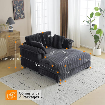 VINGLI 56" Oversized Chaise Lounge Chair, Dark Grey Comfy Corduroy Chaise Sofa Recliner Bed Upholstered Sleeper Couch Bed with Throw Pillows and Armrests for Living Room, Movie Room, Bedroom