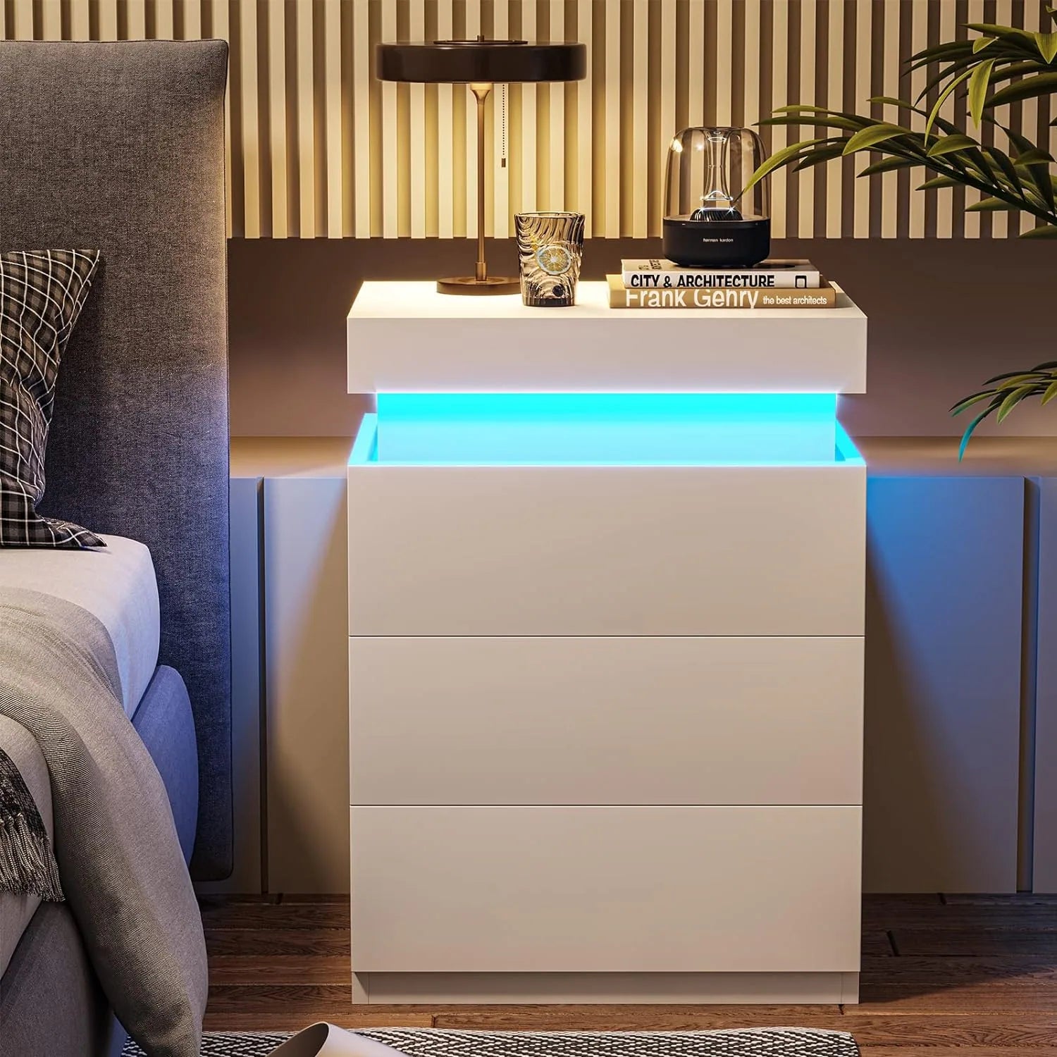 Bedroom Nightstand Charging Station LED Lights Sliding Top Drawers