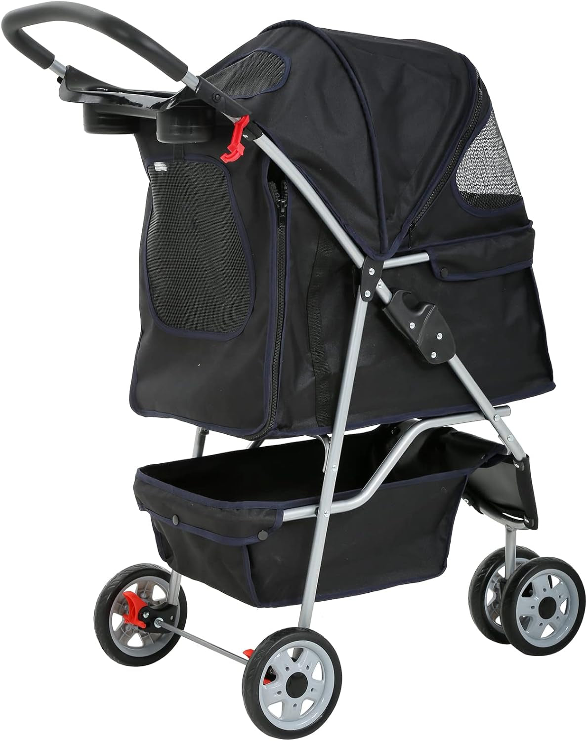 Dkeli 3-Wheel Pet Stroller, Lightweight Foldable Dog Stroller for Small Medium Dogs & Cats, Breathable Mesh & Weather Cover with Storage Basket, for Daily Walk Outdoor Travel (Black)