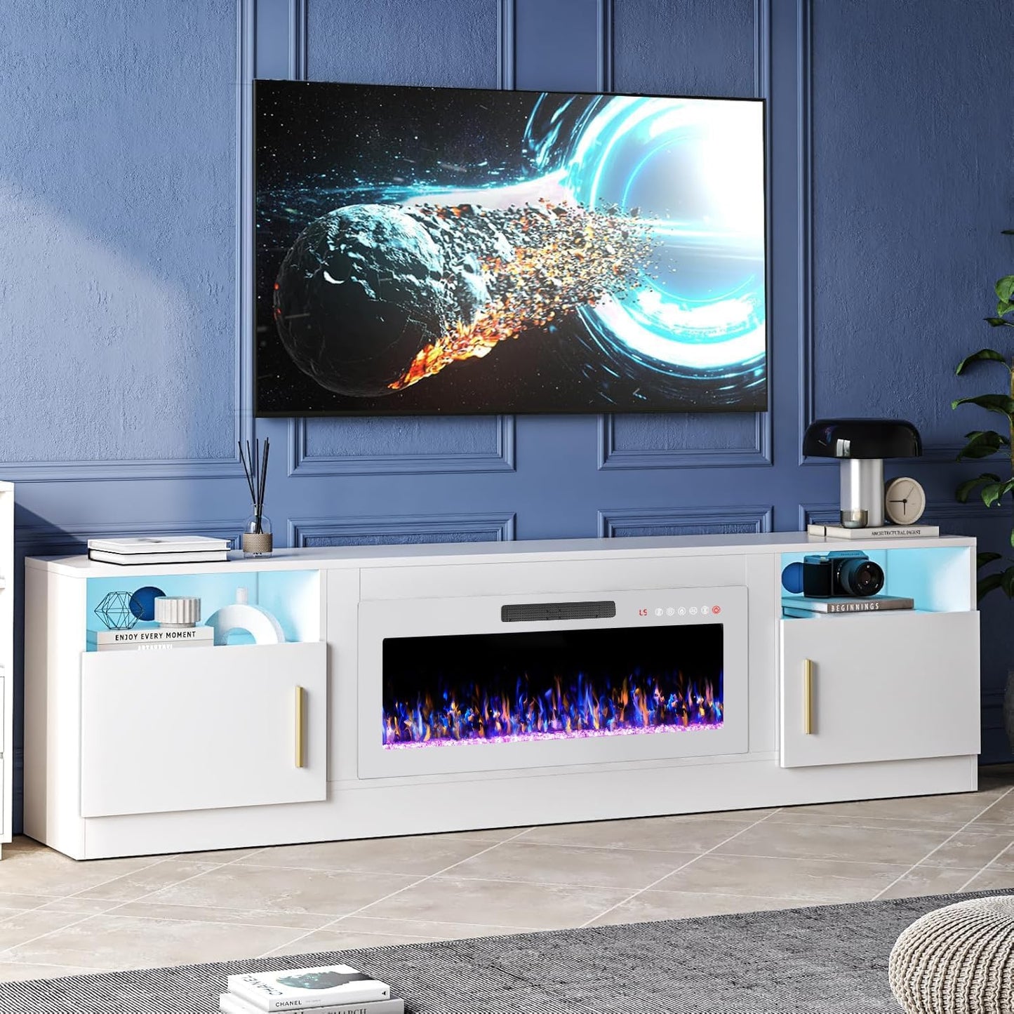 Tavata Fireplace TV Stand Entertainment Center with 36" Fireplace, 70" Wooden TV Console for Tvs up to 80", Modern TV Stands for Living Room with High Gloss Storage Cabinet and LED Lights (Grey)