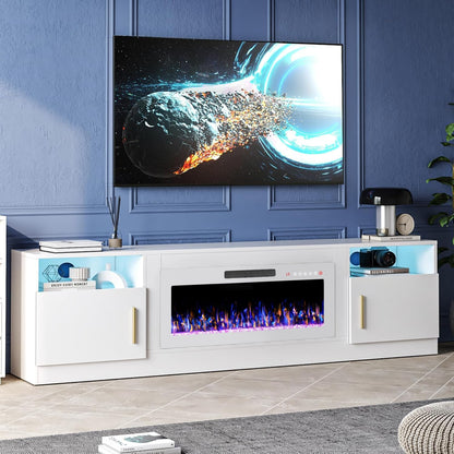 Tavata Fireplace TV Stand Entertainment Center with 36" Fireplace, 70" Wooden TV Console for Tvs up to 80", Modern TV Stands for Living Room with High Gloss Storage Cabinet and LED Lights (Grey)