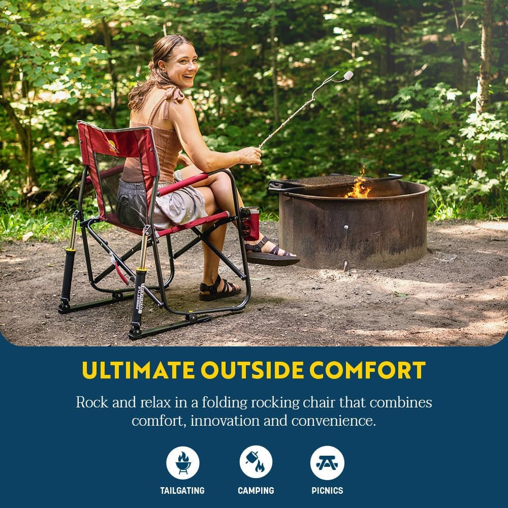 Freestyle Rocker Camping Chair | Portable Folding Rocking Chair with Solid, Durable Armrests, Drink Holder & Comfortable Backrest — Cinnamon