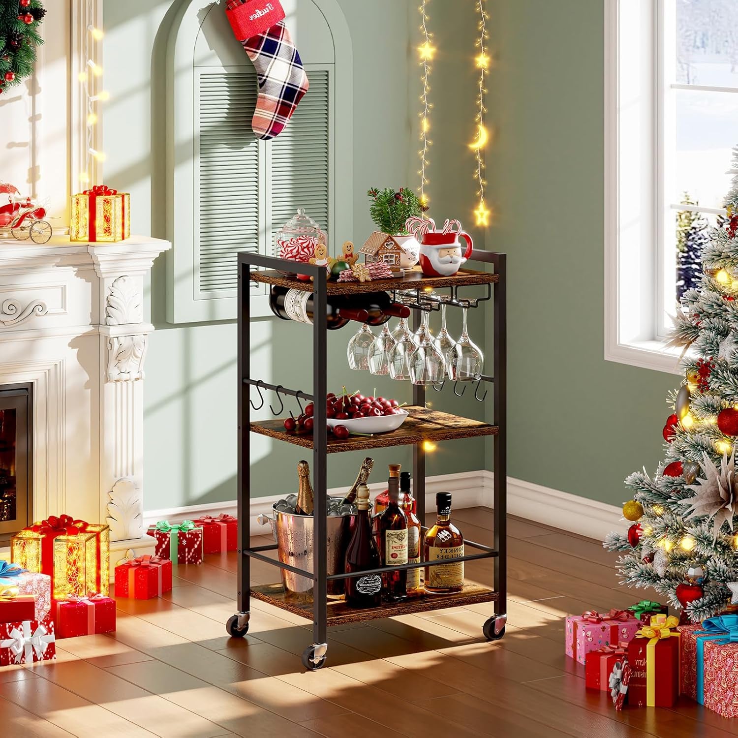 TUTOTAK Bar Cart, Home Bar Serving Cart with 3-Tier Shelf, Drink Cart with Wine Rack, Glass Holder, Rolling Bar Carts for the Home, Living Room, Brown BC01BB035