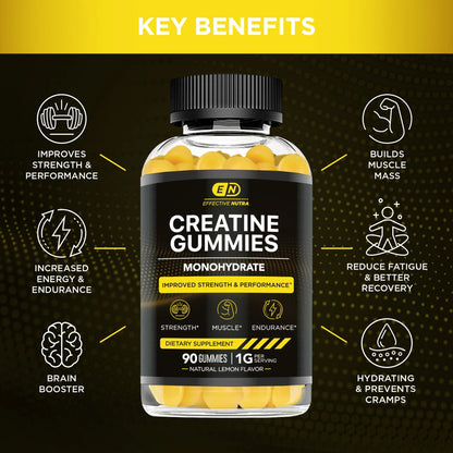 Effective Nutra Creatine Gummies for Men & Women - Creatine Monohydrate Gummies for Strength, Muscle, Energy - Natural Lemon Flavor (90Ct)
