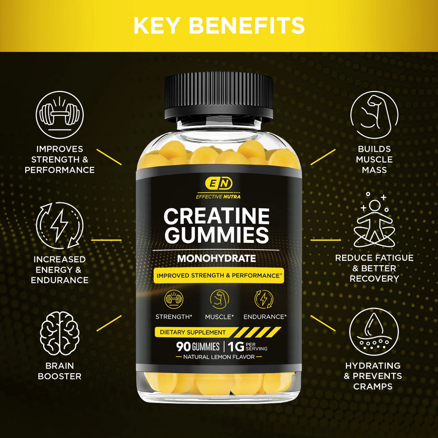 Effective Nutra Creatine Gummies for Men & Women - Creatine Monohydrate Gummies for Strength, Muscle, Energy - Natural Lemon Flavor (90Ct)