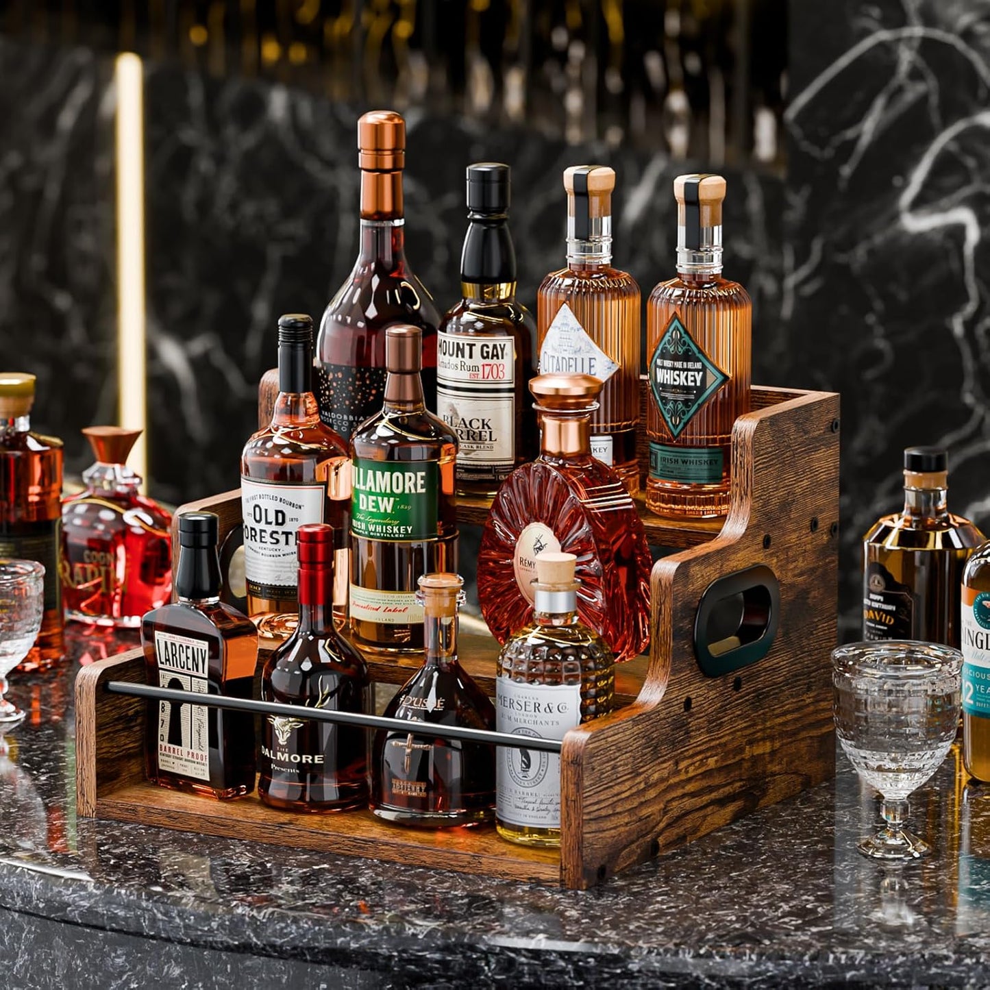 KLM Liquor Bottle Display Shelf, Coffee Syrup Rack Organizer, 3 Step Countertop Liquor Wine Rack, Mini Bar,Liquor Cabinet, Home Retro Bar Shelf Stand for Liquor Whiskey, Spirits