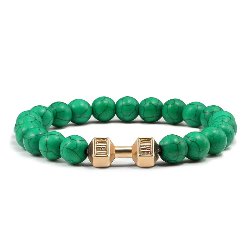 ForgeFit™ Volcanic Stone Fitness Bracelet / Natural Volcanic Stone Bracelet Men Matte Black Lave White Beads Charm Dumbbell Strand Bracelets Women Barbell Fitness Jewelry