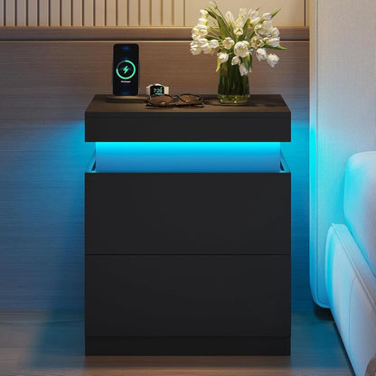 Bedroom Nightstand Charging Station LED Lights Sliding Top Drawers