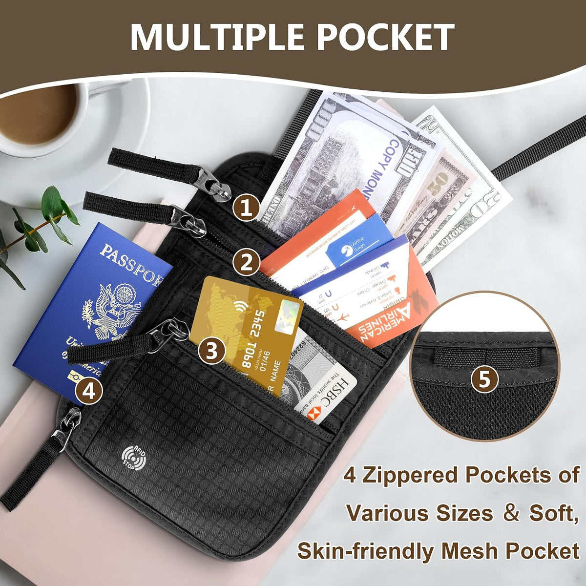 RFID-Blocking Travel Neck Wallet – Passport Holder with 5 Compartments